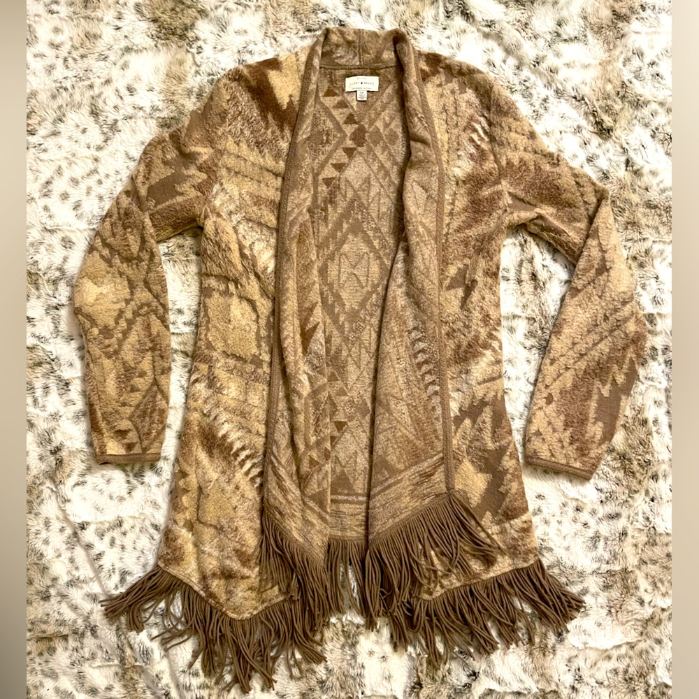Lucky Brand Aztec Print Brown Tan Cotton Fringe Cardigan Sweater
